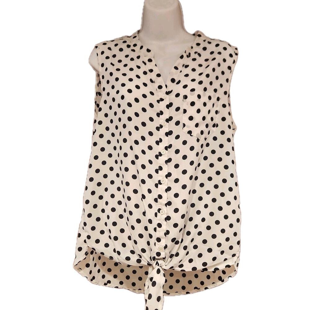Pixley Black And White Polka Dot Sleeveless Blouse Sz M Front Ties‎